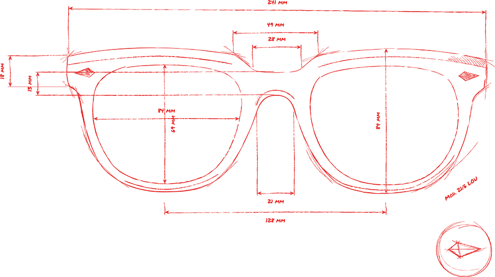 Disegno tecnico degli occhiali con vista frontale
