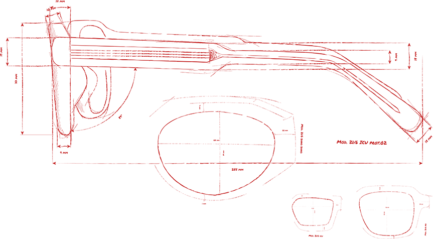 Disegno tecnico degli occhiali con vista laterale