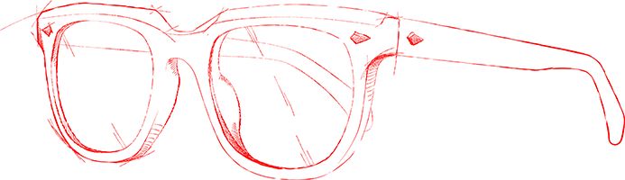 Disegno tecnico della vista trequarti frontale degli occhiali da sole di Ventunosei